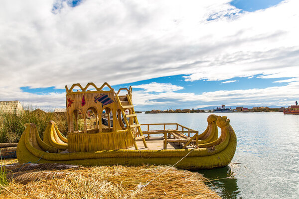 Traditional reed boat lake Titicaca,Peru,Puno,Uros,South America.