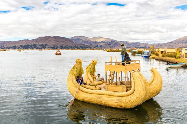 Traditional reed boat lake Titicaca, Peru, Puno. South America. Royalty Free Stock Photos