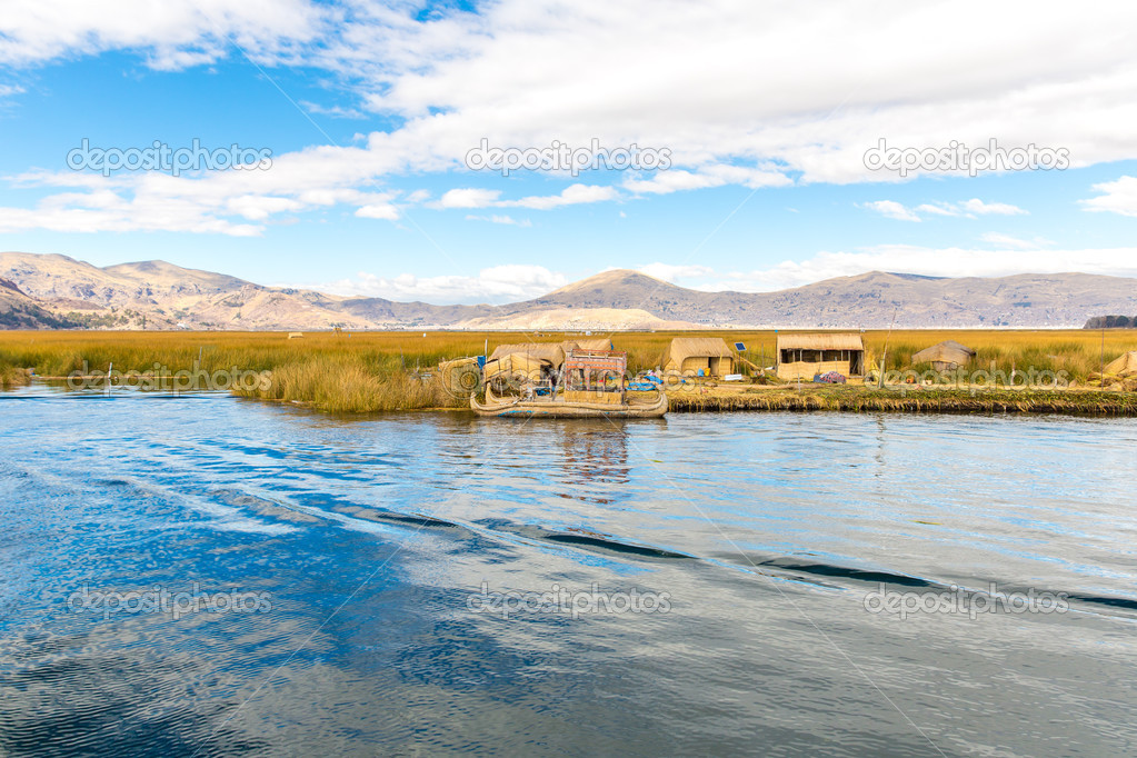 Traditional reed boat lake Titicaca, Peru, Puno, Uros, South America.