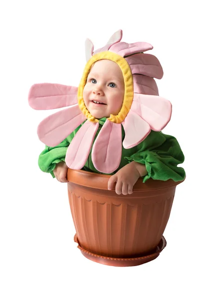 Schattige babymeisje gekleed in bloem kostuum — Stockfoto