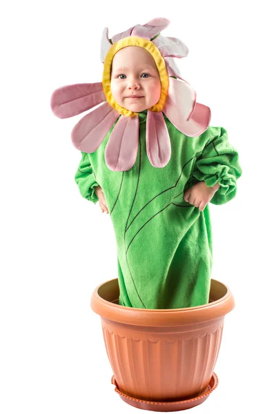 Meisje van de baby gekleed in bloem kostuum — Stockfoto