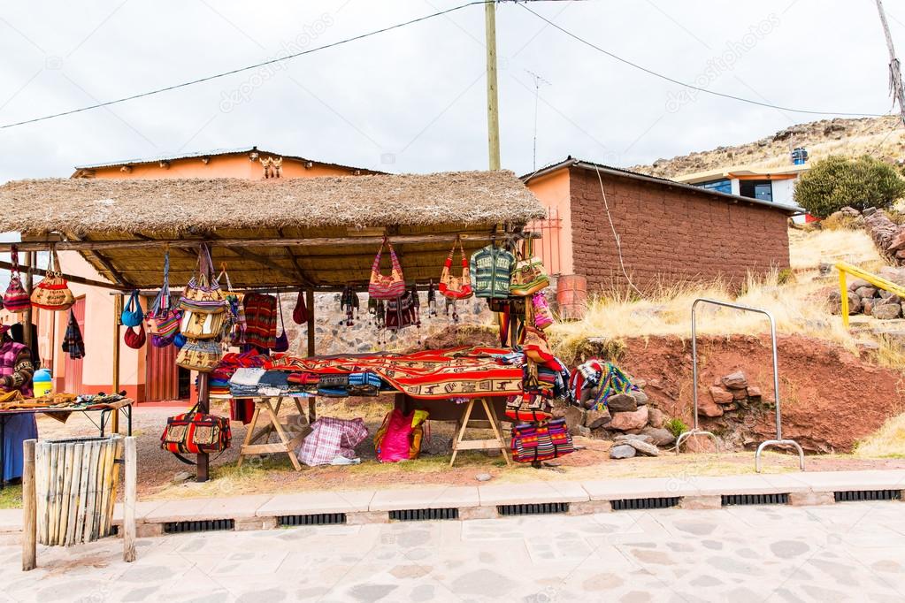 Souvenir market near towers in Sillustani, Peru, South America