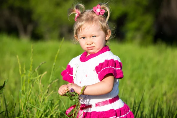 Menina na grama no prado — Fotografia de Stock