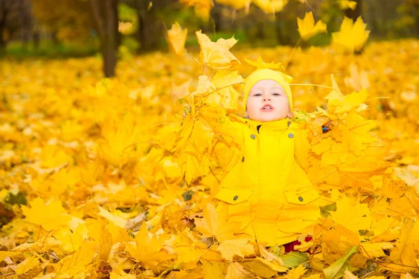 Glückliche entzückende Kind Mädchen mit Blättern im Herbst Park. Fall.Das Konzept von Kindheit, Familie und Kind — Stockfoto