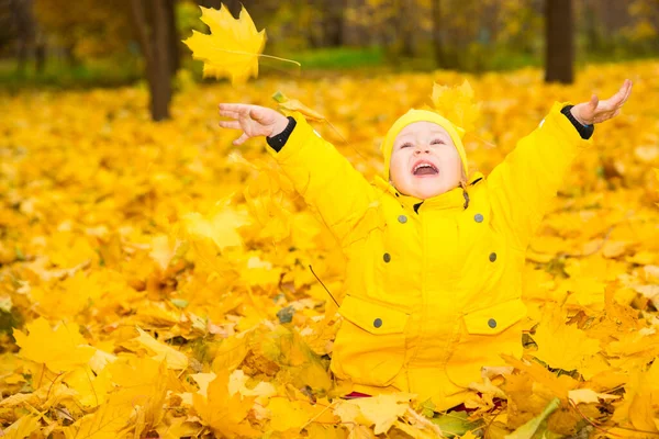 Happy adorable child girl with leaves in autumn park. Fall.The concept of childhood, family and kid — Stock Photo, Image