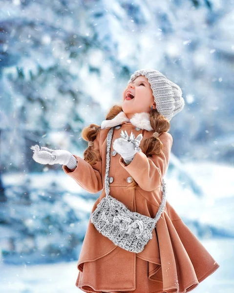 Portret Van Vrolijk Meisje Kind Winter Het Park Vangt Sneeuwvlokken — Stockfoto