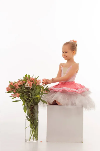 Girl Ballerina Flowers Tutu White Isolated Background — Stock Photo, Image