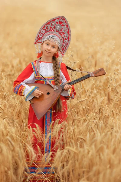 Littl Girl Kid Russian Folk National Sarafan Kokoshnik Standing Golden — Stock Photo, Image
