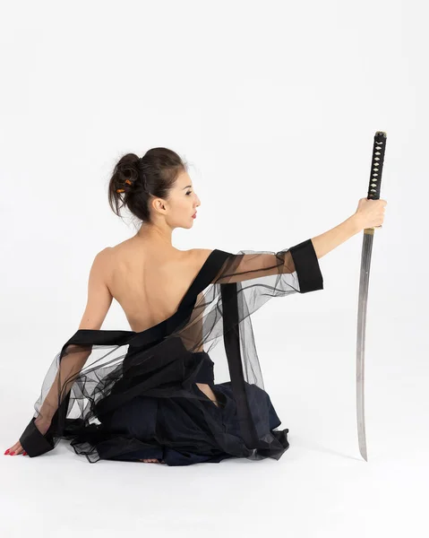 Aikido Master Woman Traditional Samurai Hakama Kimono Black Belt Sword — Φωτογραφία Αρχείου