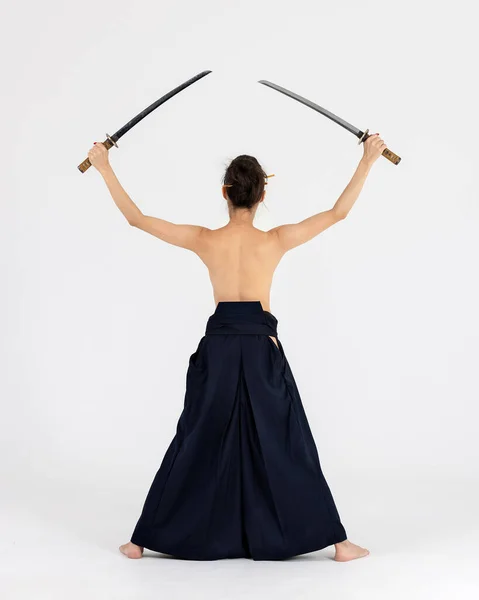 Aikido Master Woman Traditional Samurai Hakama Kimono Black Belt Sword — Φωτογραφία Αρχείου