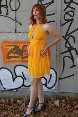 Gölün önünde duran güzel elbiseli güzel beyaz bir kızın fotoğrafı.