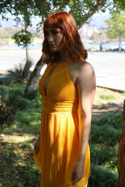 Foto Uma Menina Branca Bonita Vestido Bonito Frente Lago — Fotografia de Stock