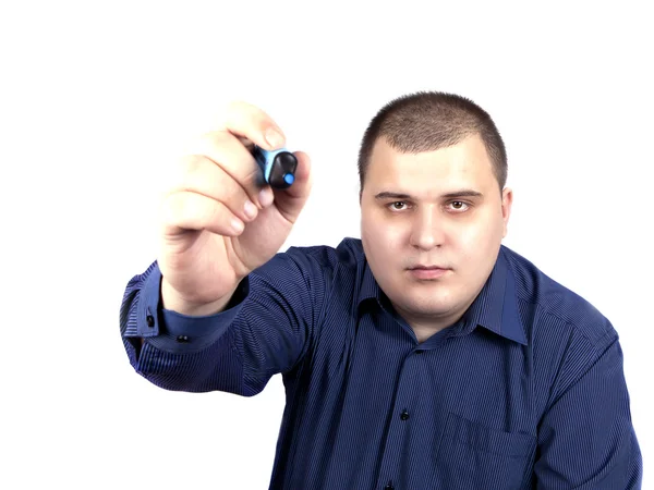 genç adam bir mavi gömlek marker çizim