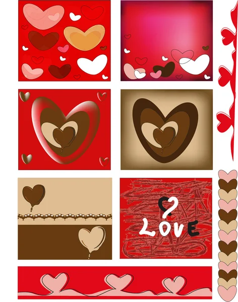 Bonitos fondos con corazones rojos y chocolatados — Vector de stock