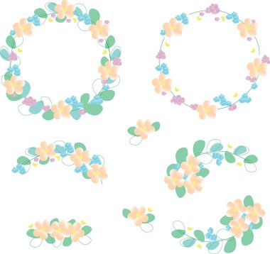 set of beautiful flowers frame with leaves