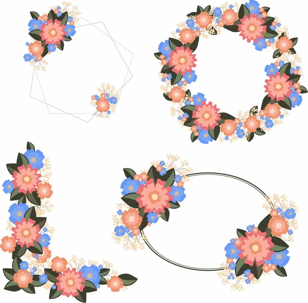 Conjunto Marcos Elipse Círculo Con Flores Hojas Con Flores Hojas — Vector de stock