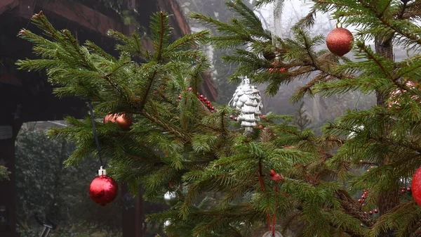 Karácsonyi díszek lóg fenyő fa lengett a szél a köd — Stock Fotó
