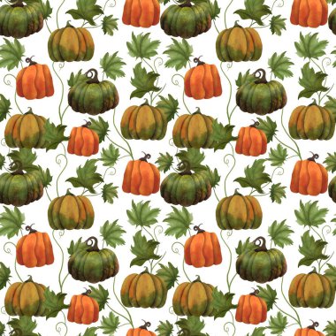 Fall seamless pattern with pumpkins background, Autumn pattern with maple, leaves, foliage, watercolor wrapping paper, pattern fills, Thanksgiving.