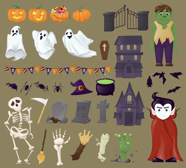 Gruselige Ikonen Und Horror Elemente Veranschaulichen Die Feierlichkeiten Halloween Gespenstische — Stockvektor