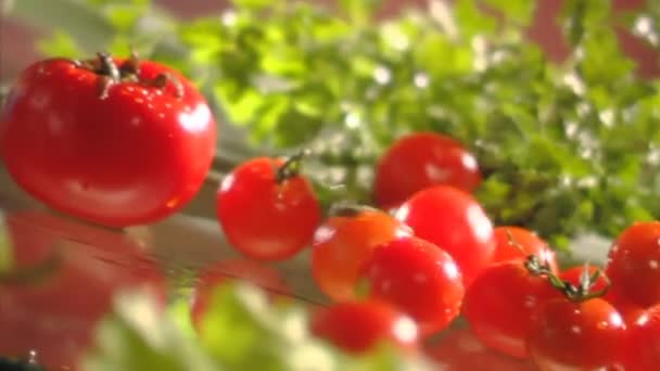 Primer plano de ensalada de tomate con cuchillo de cocina — Vídeo de stock