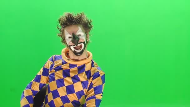 Clown in de groene tv-studio — Stockvideo