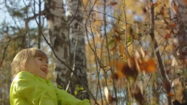 Volgorde van slow-motion schoten gelukkig mama en het kleine meisje gooien herfst bladeren. — Stockvideo