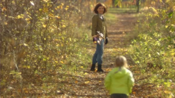 Séquence de plans au ralenti maman heureuse et la petite fille marche dans l'allée d'automne 