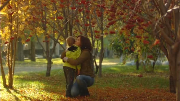 Fotografía en cámara lenta de la feliz mamá y la niña en el parque de otoño — Vídeos de Stock
