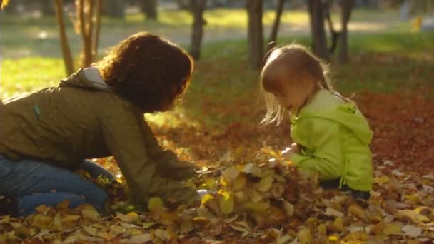 Secuencia de tomas en cámara lenta de la feliz madre y la niña lanzan hojas de otoño . — Vídeos de Stock