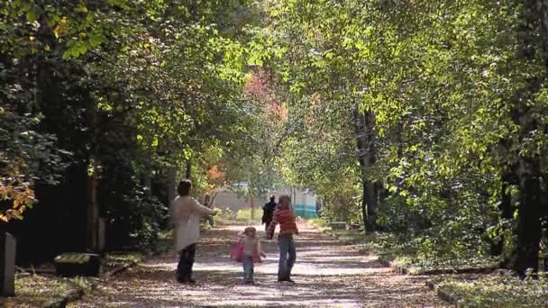 Мама грає з дочками в парку — стокове відео