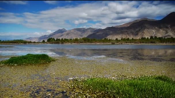 Široký záběr na přírodní Tibetu hory řeky (pan - den) — Stock video