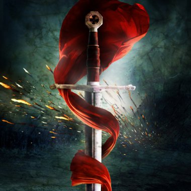 A sword with a red flag clipart
