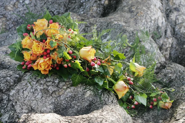 Bouquet di rose gialle sulle rocce — Foto Stock