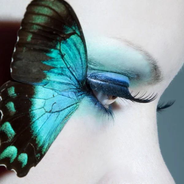 Beautiful woman eye close up with butterfly wings — Stock Photo, Image