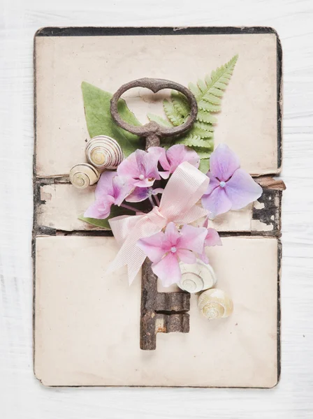 Shabby chic achtergrond met antieke sleutel en bloemen — Stockfoto