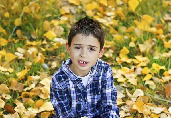 Glimlachend kind in de herfst bladeren — Stockfoto