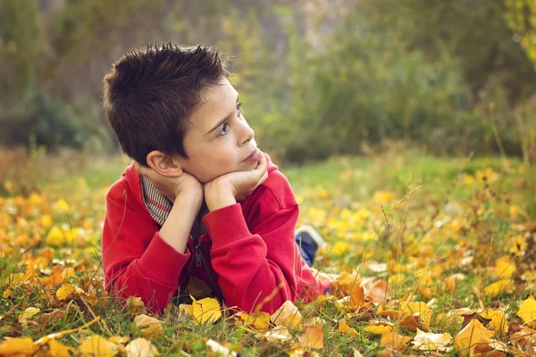 Barnet ligger på hösten marken — Stockfoto