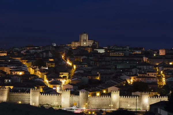 Walled city at night. Ávila. Spain — Stok fotoğraf