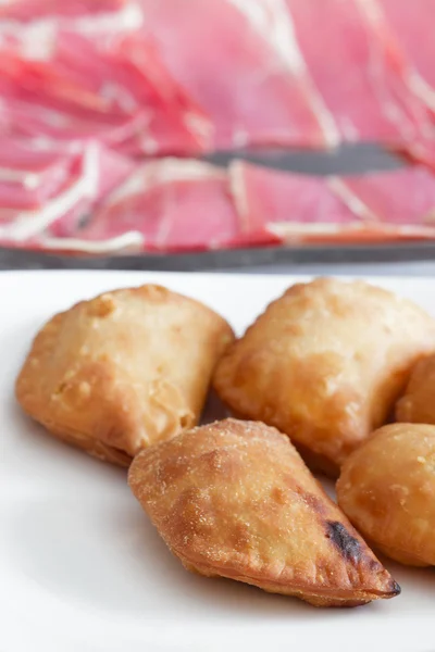 Dish with dumplings and ham — Stock Photo, Image