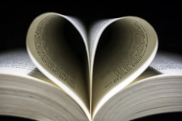 Livre ouvert avec feuilles pliées en forme de coeur — Photo