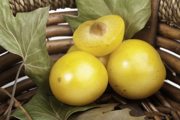 Yellow plums in a basket — Stock Photo, Image