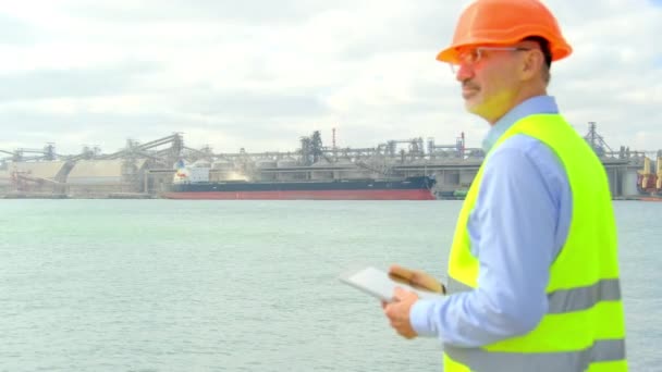 Mitarbeiter der Hafenseeschifffahrt freut sich über Ergebnisse — Stockvideo