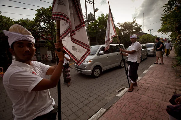 Melasti ritueel vóór balinese dag van stilte in ubud, bali, Indonesië. Stockfoto