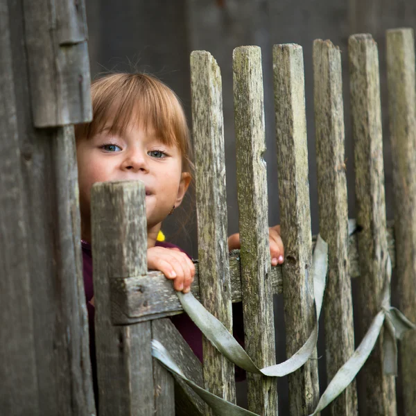 Hermoso niño de pie cerca de la cerca rural vintage . —  Fotos de Stock