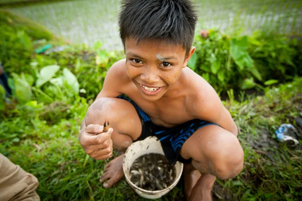 Criança pobre pega pequeno peixe em uma vala perto de um campo de arroz — Fotografia de Stock