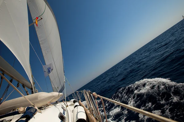 SARONIC GULF, GREECE - SEPTEMBER 23: Boats Competitors During of sailing regatta "Viva Greece 2012" on September 23, 2012 on Saronic Gulf, Greece — Stock Photo, Image