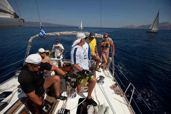 SARONIC GULF, GREECE - SEPTEMBER 23: Sailors participate in sailing regatta "Viva Greece 2012" on September 23, 2012 on Saronic Gulf, Greece. Royalty Free Stock Images