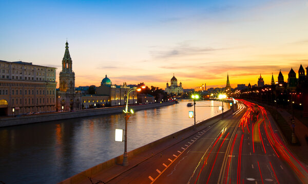 Embankment of the Moskva River near the Kremlin in the evening.