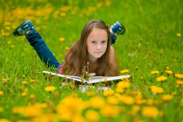 Egy 11 éves lány elolvassa a könyvet, a réten Jogdíjmentes Stock Képek