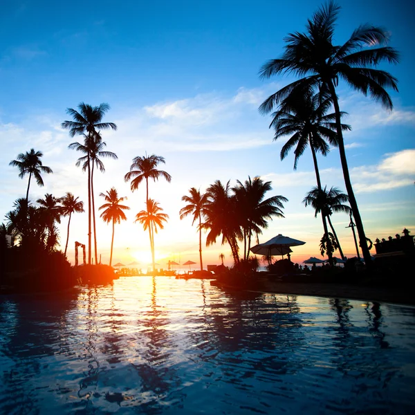 Piękny zachód słońca w kurorcie na plaży w tropikach Zdjęcia Stockowe bez tantiem